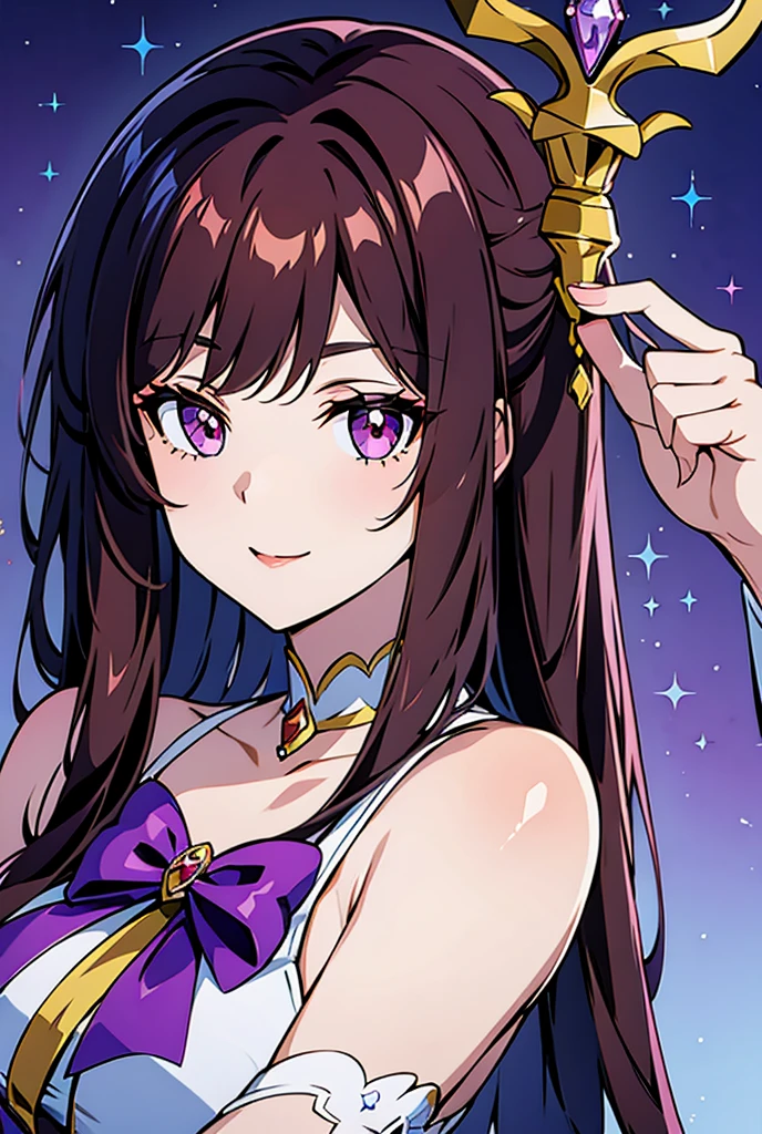 
Masterpiece, Best  Quality, Detail, a pretty magical girl long brown hair scepter 