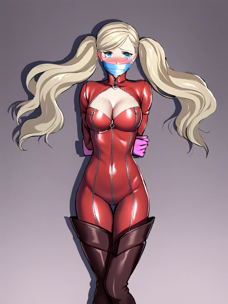 dspanther, blonde hair, long hair, twintails, swept bangs, blue eyes, red bodysuit, thigh boots, pink gloves, zipper, cleavage, clothing cutout, fake tail, 1girl, solo, bound, bondage, (arms behind back:1.4), bdsm, tape gag, tape, tape bondage, crying, tears