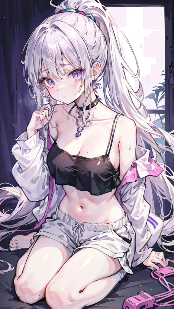 beautiful girl , Beautiful pink eyes , nice face , Long white hair with a straight front cut , soft skin , White bra , Small spherical breasts , A short white skirt with a belt below the stomach , white pantyhose , Earrings , She wears a beautiful necklace , Bracelet on the right hand , Sitting on the floor , Exciting session