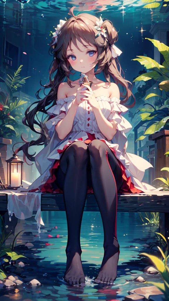 (extremely delicate and beautiful:1.5),1 Girl, sitting in water， Foot washing，Pantyhose，No shoes，trumpet