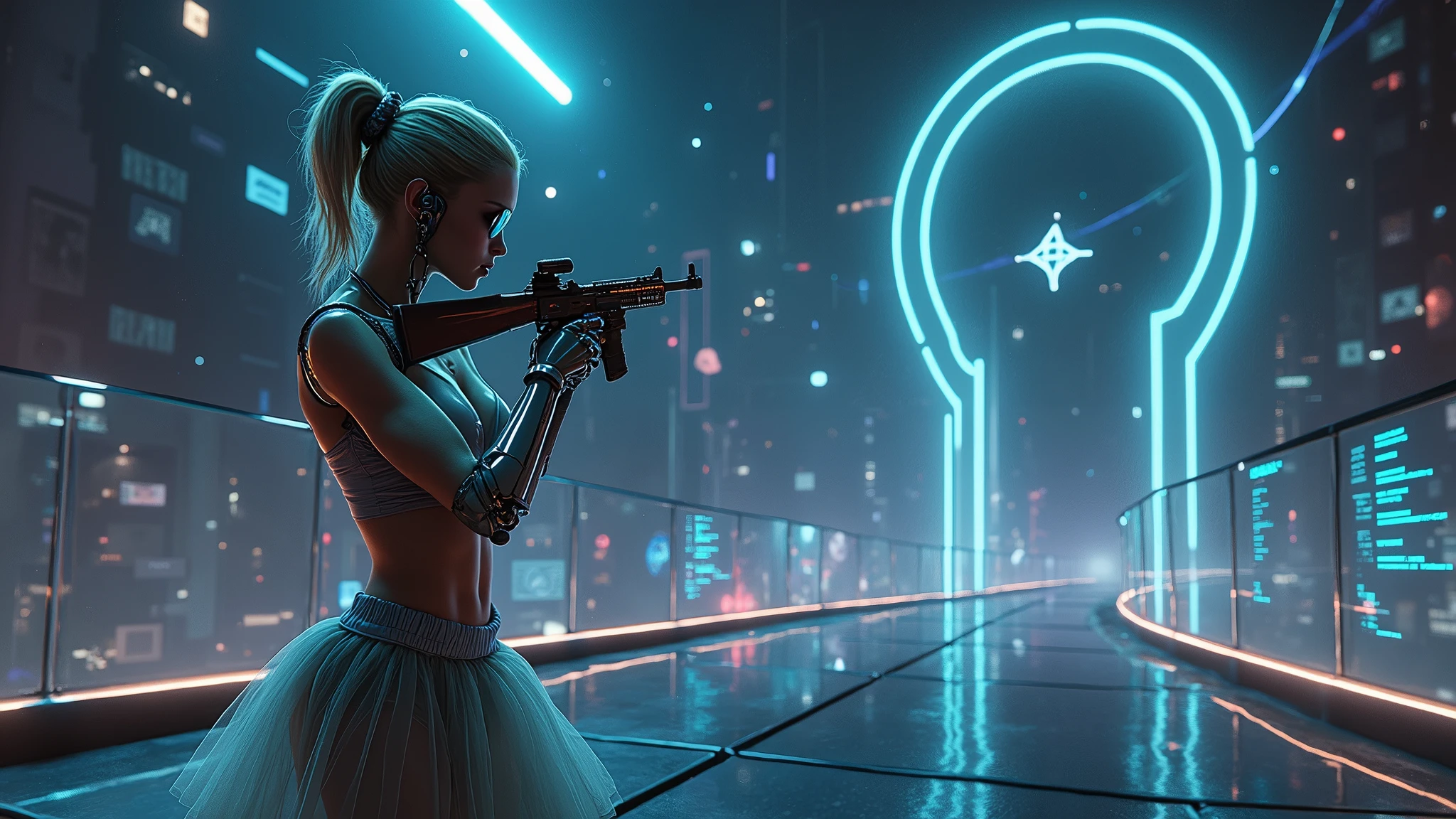 a woman holding a gun in front of a star wars scene, cyberpunk art by Adam Rex, cgsociety, retrofuturism, reimagined by industrial light and magic, futuristic, sci-fi