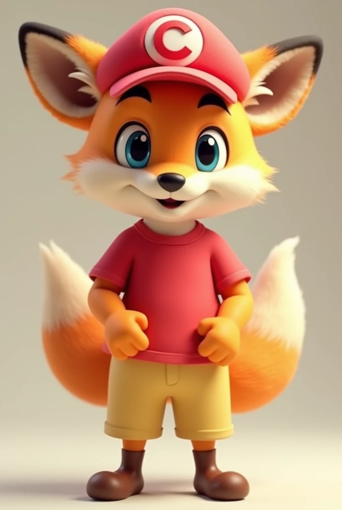 Smiling humanoid fox wearing blue polo shirt waving