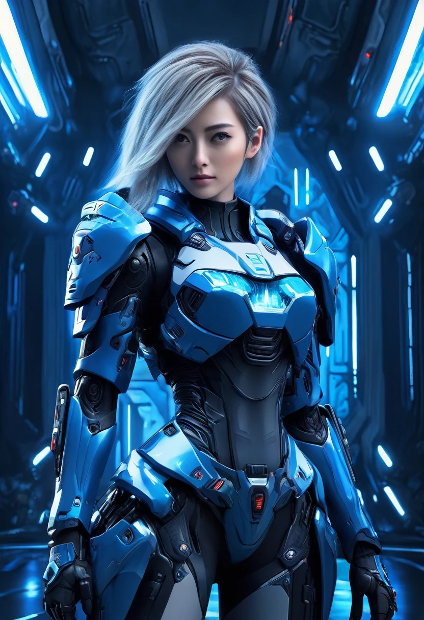 A female police officer wearing exoskeleton cyber armor, The armor fits snugly、He has a plasma gun in his hand., Full Body View, Maximum details, Detailed drawings and excellent quality, 8k,chest, blue eyes, blue eyes, Take a look, Take a look, High resolution, 超High resolution, Best Quality, Shortcuts, Black Hair, 大きなchest, Cinematic Lighting Effects, Futuristic, ((High tech spaceship interior with blue light illumination)), 