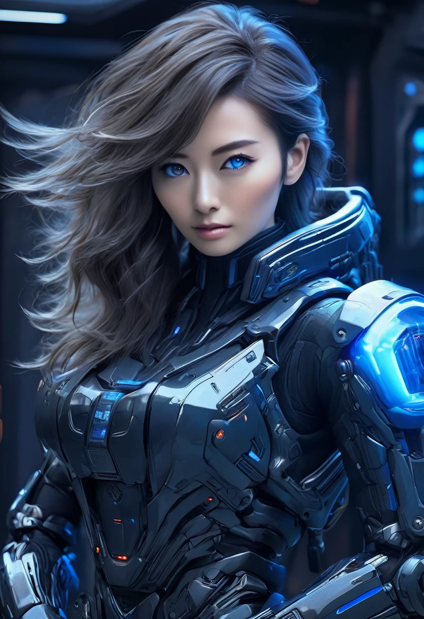 A female police officer wearing exoskeleton cyber armor, The armor fits snugly、He has a plasma gun in his hand., Full Body View, Maximum details, Detailed drawings and excellent quality, 8k,chest, blue eyes, blue eyes, Take a look, Take a look, High resolution, 超High resolution, Best Quality, Shortcuts, Black Hair, 大きなchest, Cinematic Lighting Effects, Futuristic, ((High tech spaceship interior with blue light illumination)), 