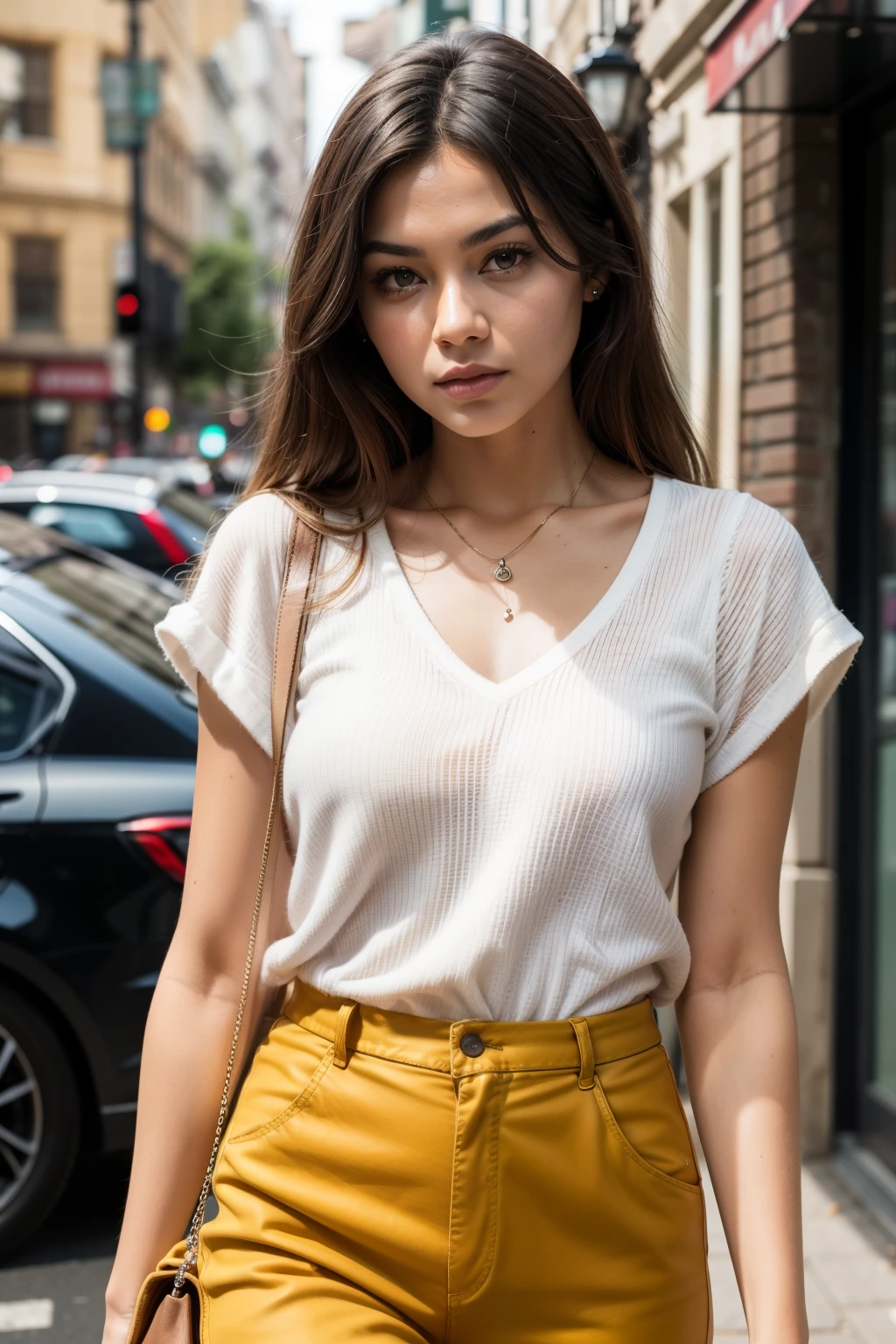 European woman, closeup, sandals, (shirt), pants, (golden gate bridge), ZM_elaine, wide shoulders, perfect face, (contact iris: 1.1), pale skin, skin pores , looking_at_viewer, depth of field