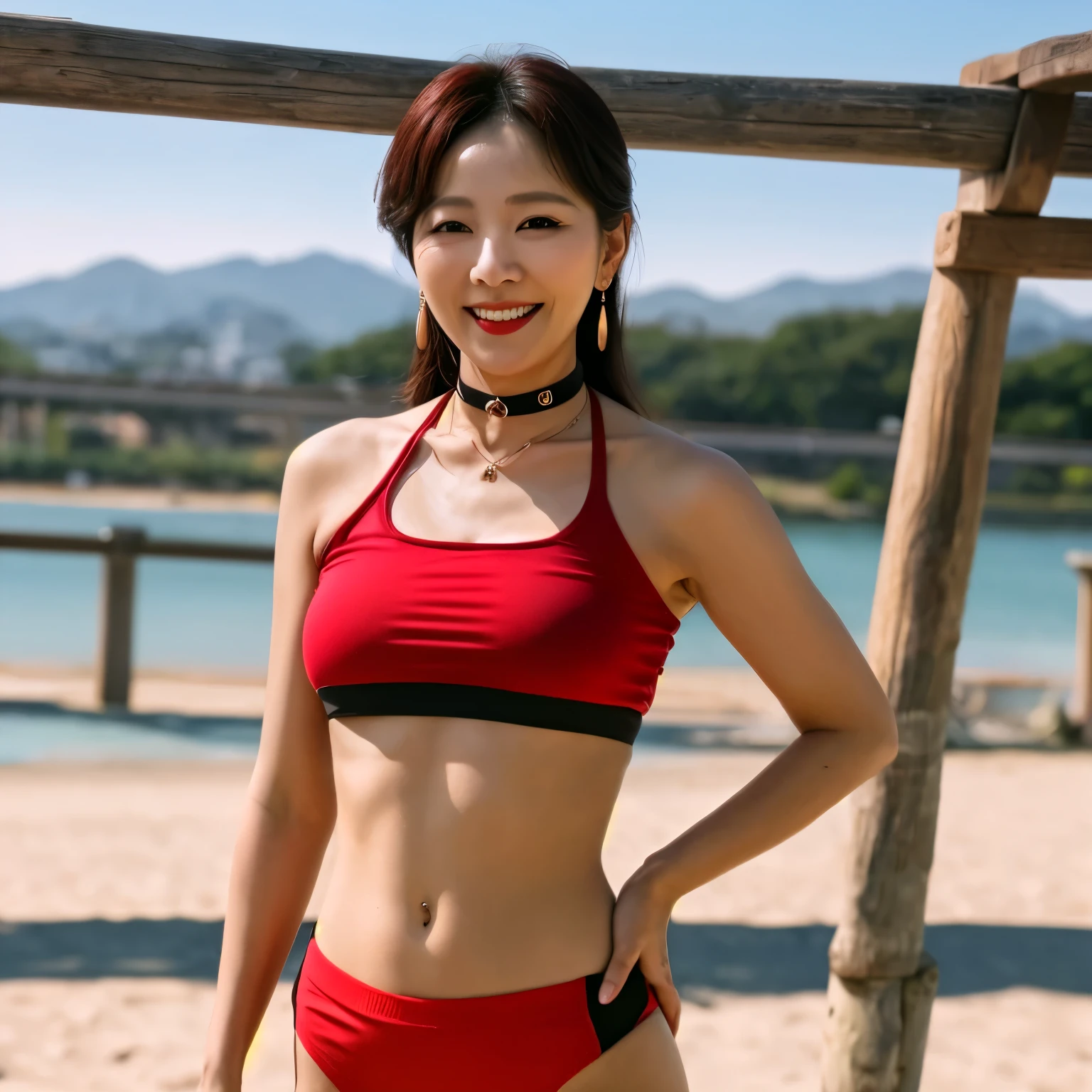 The beauty of 8K raw photos:2.0, pony tail, 18 years old, great face and dark eyes, looking at the viewer, big smile:1.7, show your teeth, wet hair, show the armpit, cowgirl position, show the crotch, spread your legs wide, show cameltoe, tiny top, (red sports wear:1.2), shinny skin, realistic:1.9, very detailed, full body shot, High resolution RAW color photos, professional photos, Taken at the studio, plain wallpaper, girl sexy portrait