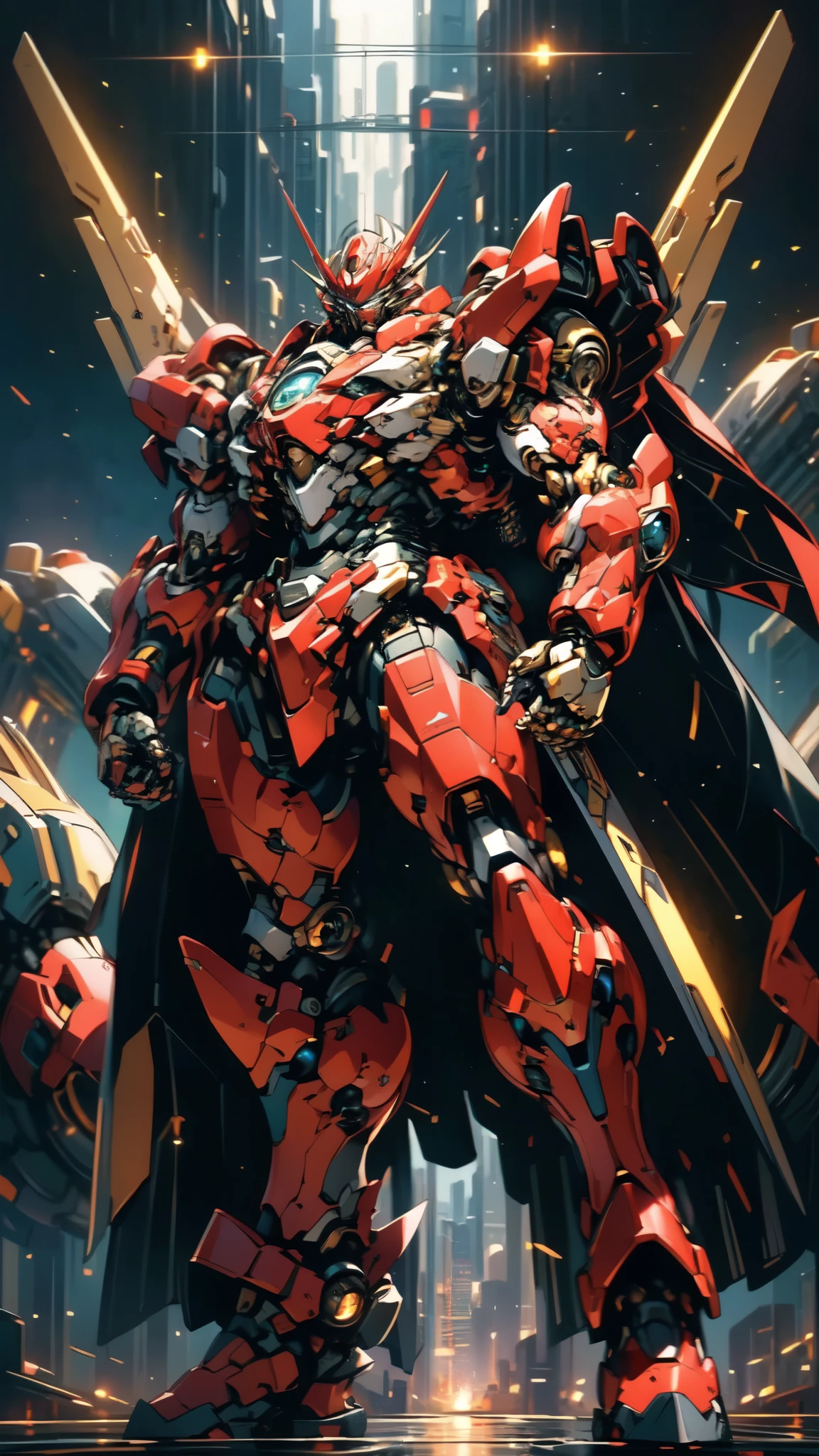 (masterpiece:1.5, best quality:1.5, extremely delicate:1.5), humanoid Mecha, fully enclosed shoulder guards, matching arm and leg guards, full body, full armor, the design balances heavy with agility, (the color scheme is primarily Red with White and Yellow accents, the concept Inspired by Getter Robo, SRS, organic biotech armor, standing, floating high above the futuristic sci-fi city), exquisite and mature art style, (aura effect, glowing eyes, the armor glows), metallic, dramatic, high definition, highres, ultra-detailed, ultra-fine painting, professional, perfect body proportions, anatomically correct, symmetrical face, extremely detailed eyes and face, high quality eyes, creativity, RAW photo, UHD, 32k, Natural light, cinematic lighting, masterpiece-anatomy-perfect