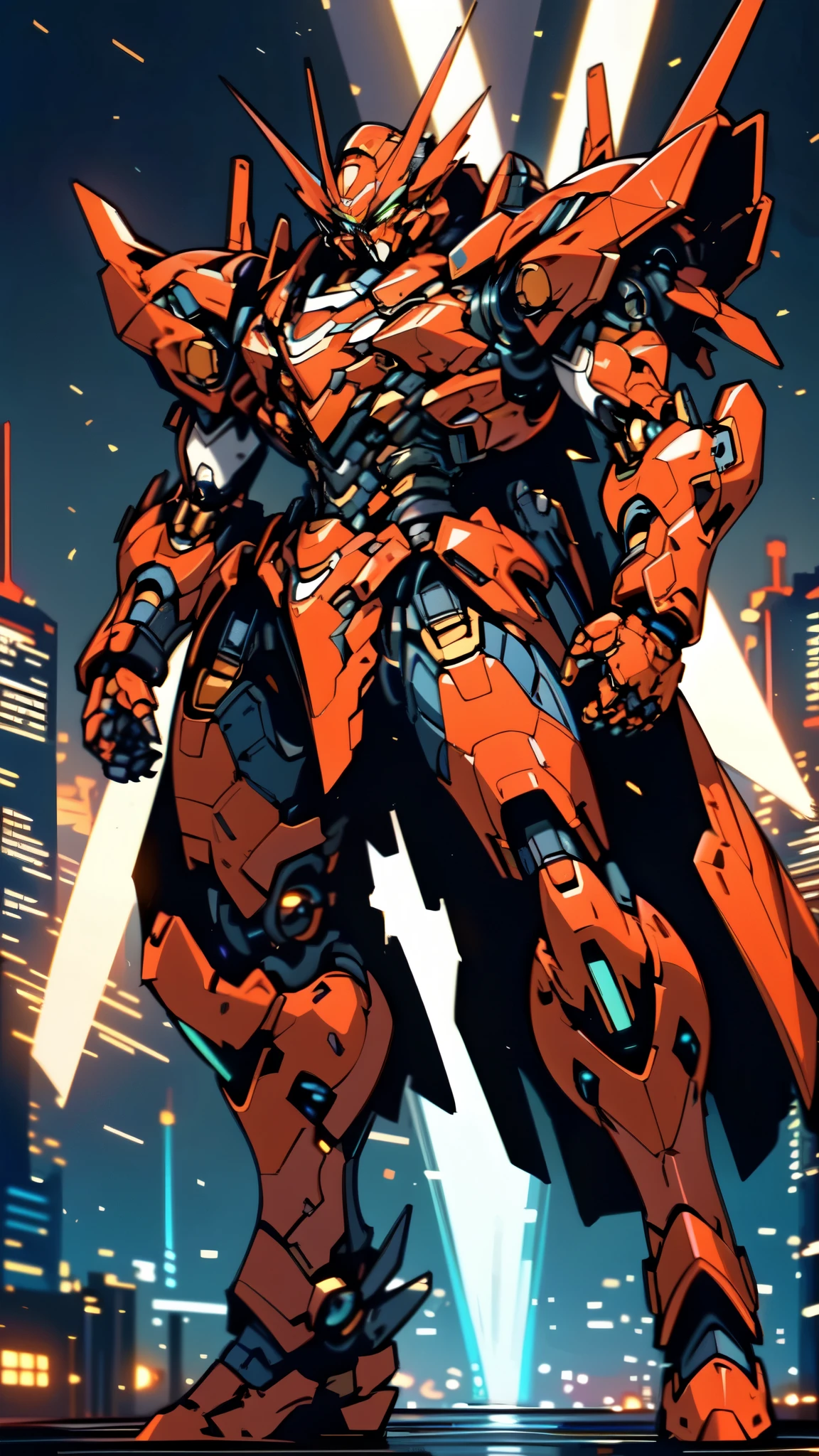 (masterpiece:1.5, best quality:1.5, extremely delicate:1.5), humanoid Mecha, fully enclosed shoulder guards, matching arm and leg guards, full body, full armor, the design balances heavy with agility, (the color scheme is primarily Red with White and Yellow accents, the concept Inspired by Getter Robo, SRS, organic biotech armor, standing, floating high above the futuristic sci-fi city), exquisite and mature art style, (aura effect, glowing eyes, the armor glows), metallic, dramatic, high definition, highres, ultra-detailed, ultra-fine painting, professional, perfect body proportions, anatomically correct, symmetrical face, extremely detailed eyes and face, high quality eyes, creativity, RAW photo, UHD, 32k, Natural light, cinematic lighting, masterpiece-anatomy-perfect