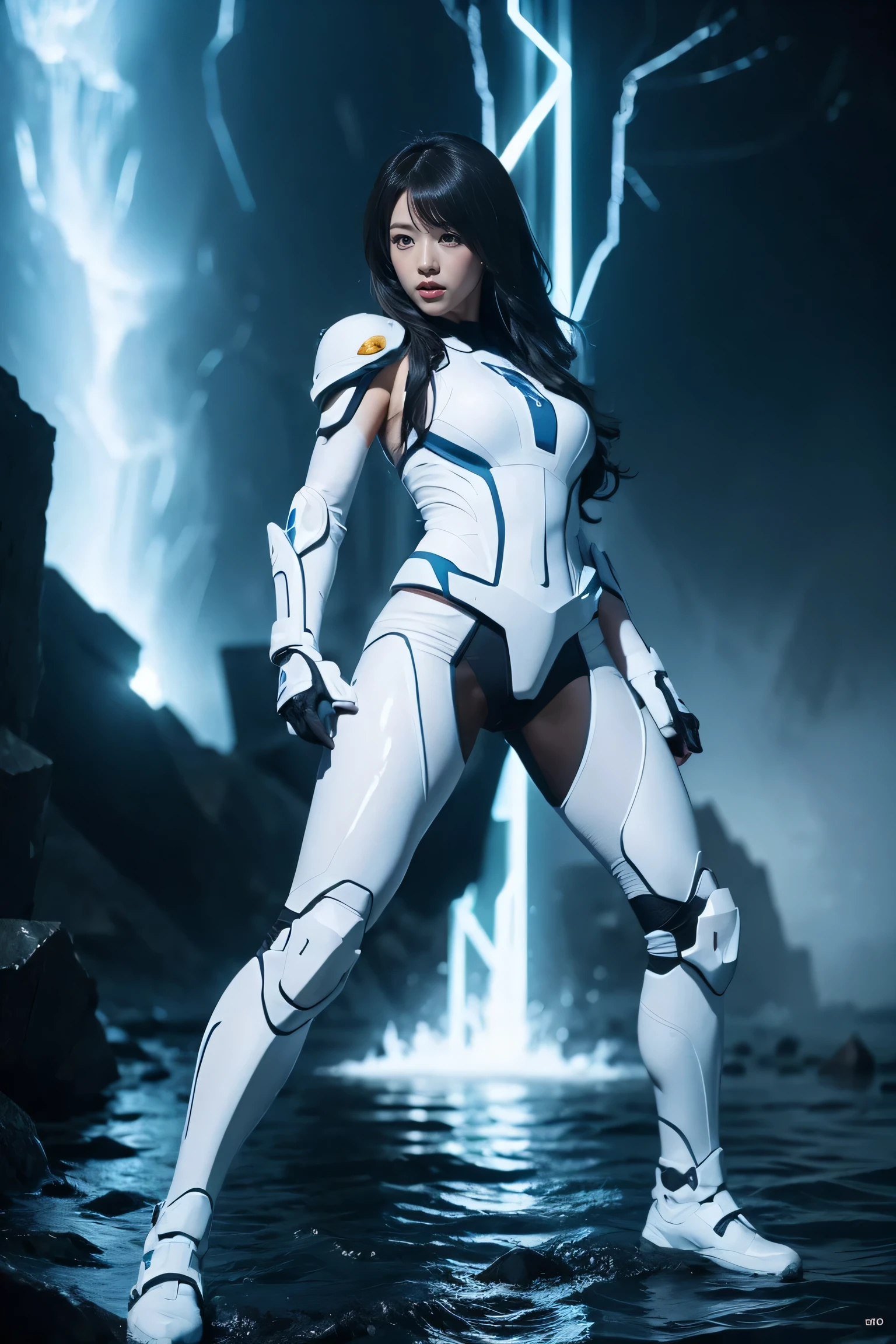 ((Best Quality、8k、masterpiece:1.3))、Realistic, Sharp focus, High resolution, High resolution,  Alone, Full body photo、Japanese, Beautiful woman,White battle suit、Unleash the power、Explosive Energy、thunder、Kamehameha