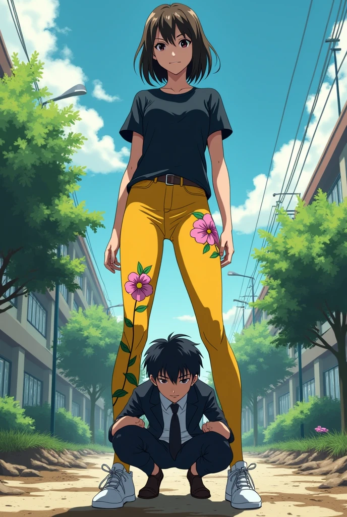 ((1boy, solo)),, black t-shirt, ((skinny jeans, belt, choker)), red sneakers, black hair, short hair, hair over one eye,(( looking down, crying, shocked expression, clenching teeth, sweating,seen from below, dynamic angle)) ,((wetting self, pee stains, puddle, peeing self)), standing,, eyebags, emo, blue eyes, full body, school background, black wristbands, eye bags