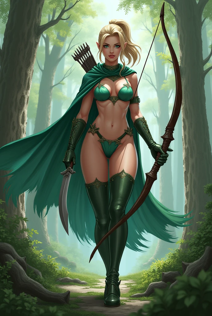 (masterpiece, top quality, best quality, official art, beautiful and aesthetic:1.2), (1girl:1.3), dark brown hair in a single (braid), extremely detailed, portrait, looking at viewer, solo, (full body:0.6), detailed background, close up, cat eyes, (warm summer forest theme:1.1), (elf) ranger, charlatan, smirk, mysterious, walking in forest, revealing ranger attire, cowl, cloak, corset, long boots, buckles, straps, pouches, bow and arrow, green fabric, brown leather, (((gigantic breasts, cleavage, skindentation))), slim waist, slim hips, long legs, medieval (forest exterior:1.1) background, dark mysterious lighting, shadows, magical atmosphere, dutch angle