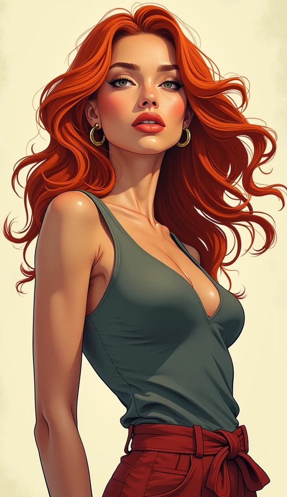 artist hand color pencil drawing a 3D portrait of an orange-haired colossal breasted woman, dressed in a sexy dress, jumping out from a sketchbook on an easel