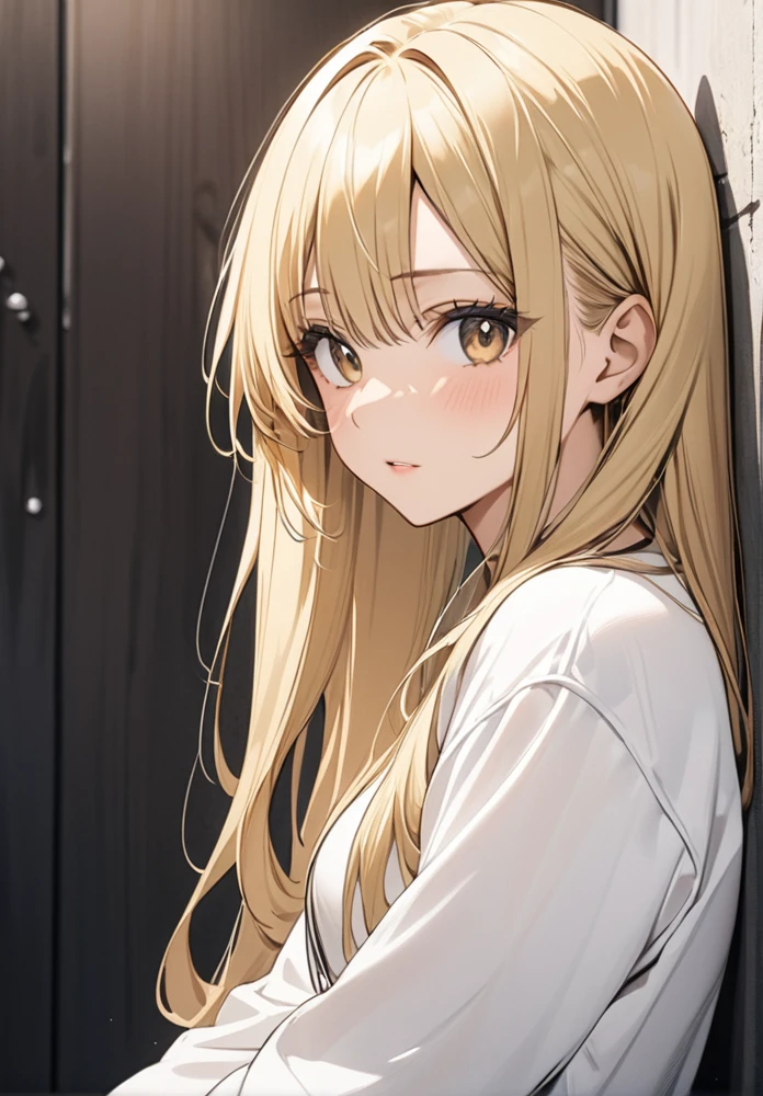 solo adult woman、brown eyes、blonde、long hair、looking at the camera、stare at the camera、shy face、Angle from above、white sweater、chest、jeans、Neon feeling、neon room、neon eyes