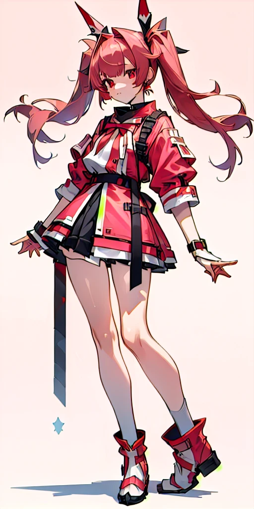 girl in a short skirt in knee-length stockings, red-pink hair,Twin Tail, full height, 3D wallpaper.