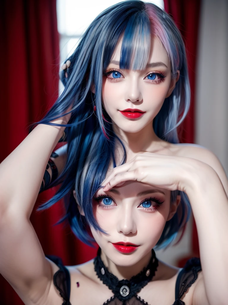 masterpiece, best quality, highly detailed,1girl,indoors, adult, split-color hair, red and blue hair, hair over eye, dynamic pose, clothes, smile, lipstick, bright blue eyes