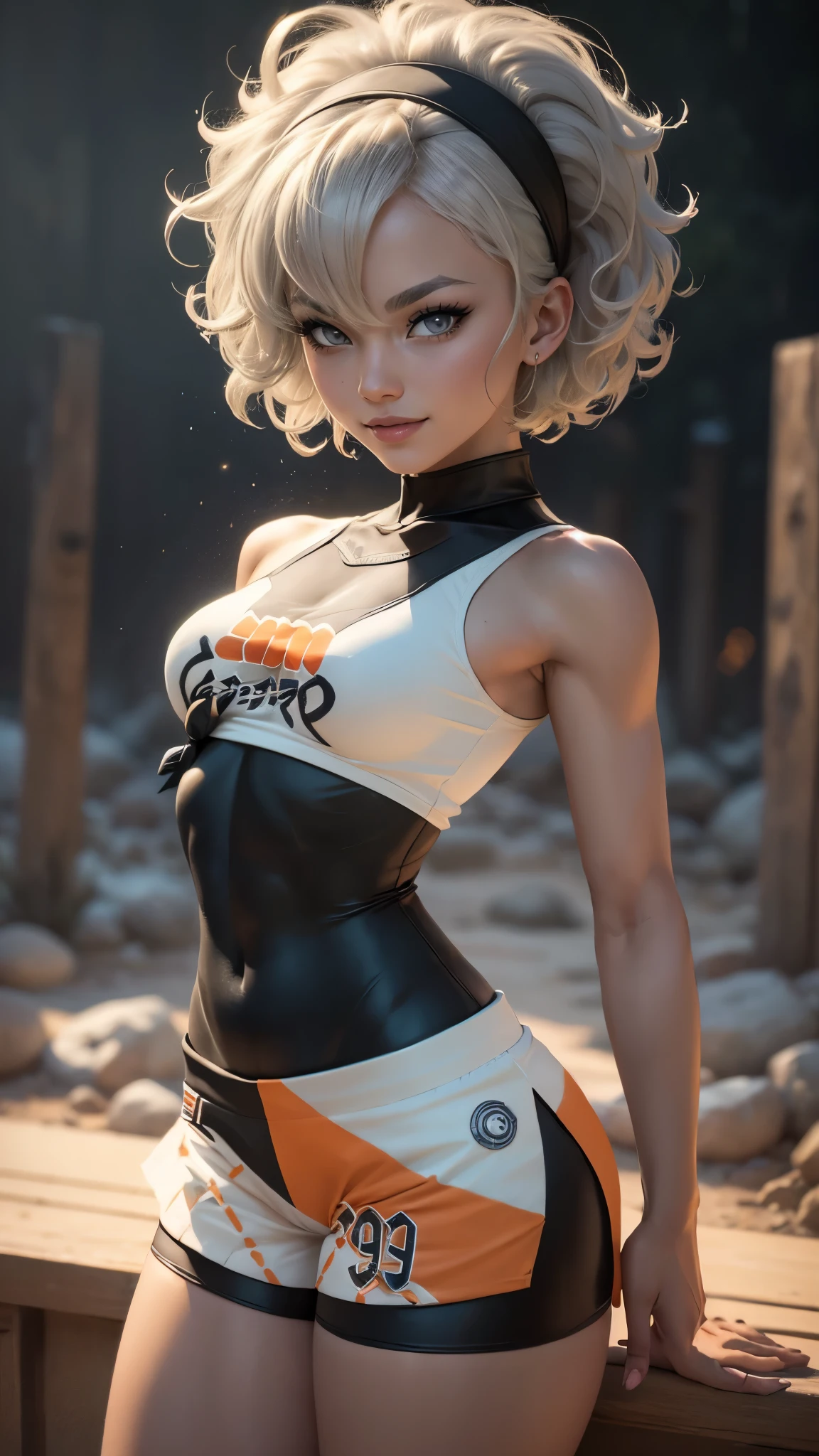 Bea da pokemon,(best qualityer,4K,8k,high resolution,work of art:1.2)(weather: windy), wide hips, zen garden background, barren field, short curly hair, gray hair, cropped shirt, micro shorts, headband, gloves, leotard, stretching out, ultra detailed,realistic,beautiful detailed gray eyes, beautiful detailed lips,extremely detailed eye and face, long eyelashes, average, medium breasts, beaming smile, sexy smile, light makeup,powerful girl, bright coloured, dramatic lighting,