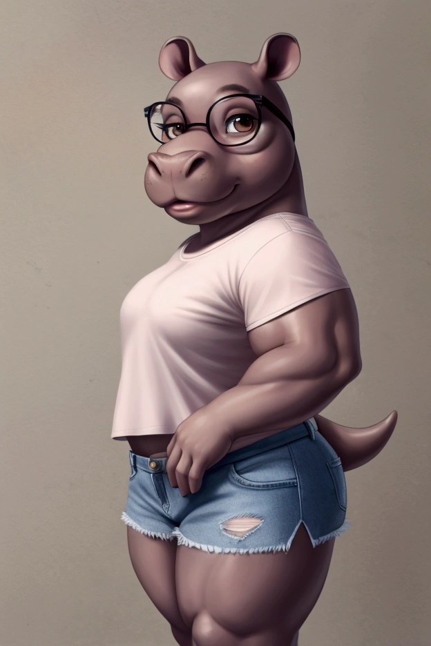 by darkgem, by duase, by bng, solo, 1girl, alphys, female, older woman, smooth body, chubby, broad shoulders, wide body, wide hips, thick thighs, big arms, heavy breasts, nipple outline, highly detailed eyes, milf, tank top, (bare midriff:1.3), cleavage, large areolae, denim cutoffs, visible thong straps, Masterpiece, best quality, absurd res, highly detailed, cleanly drawn eyes, park environment, standing upright, cute smile, big bottom lip, black lipstick, casual posture, hands on hips,