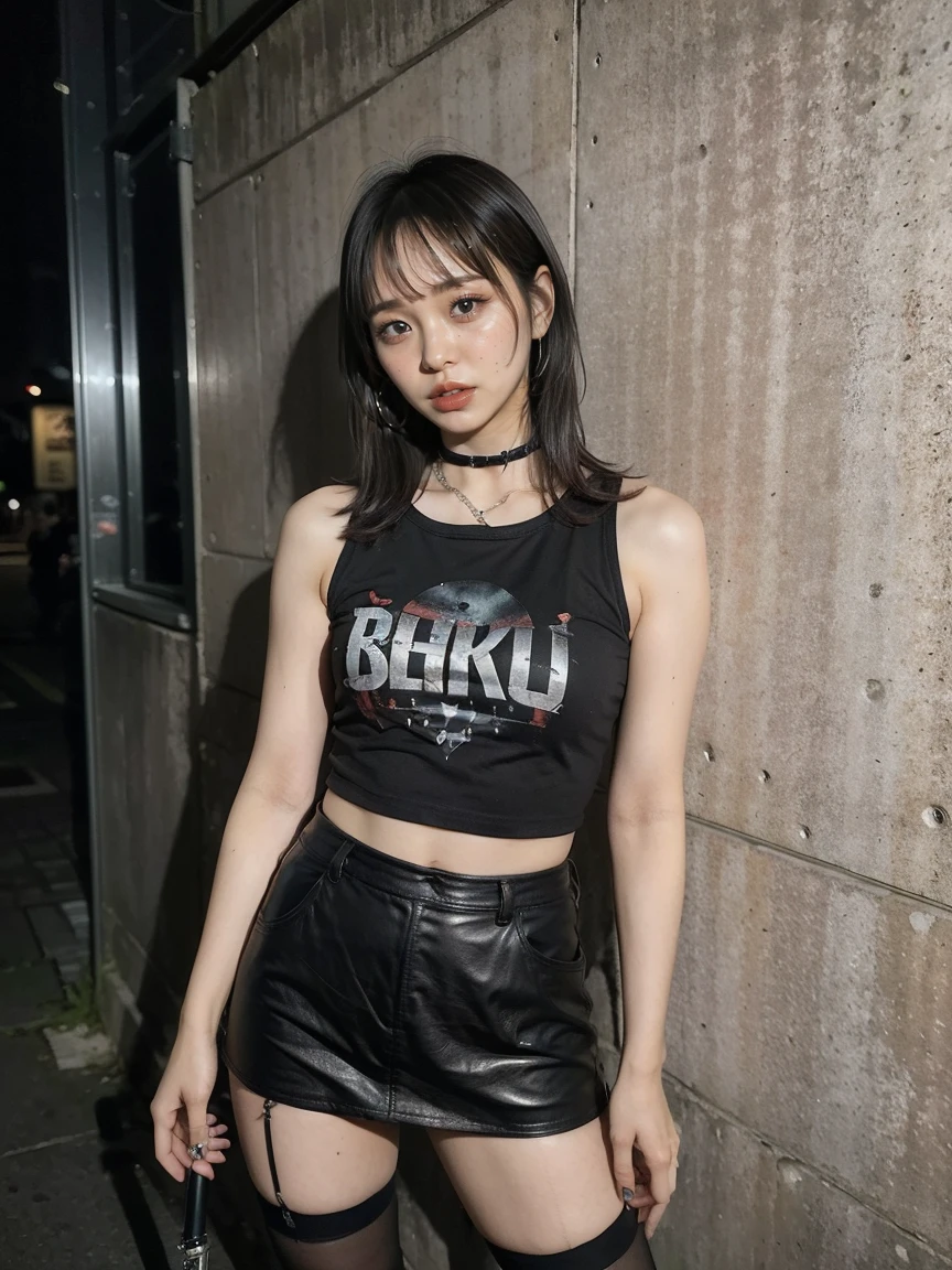 A rebellious 1 Japanese girl with choppy black hair and smoky eye makeup, wearing a black graphic band t-shirt with ripped details, a short black leather skirt, and black fishnet stockings. She accessorizes with a silver chain choker necklace, multiple silver rings, and black combat boots. She stands confidently with an electric guitar in hand, in front of a brick wall with band posters. Photorealistic style, dark and gritty lighting, 24mm lens, with a vignette effect.