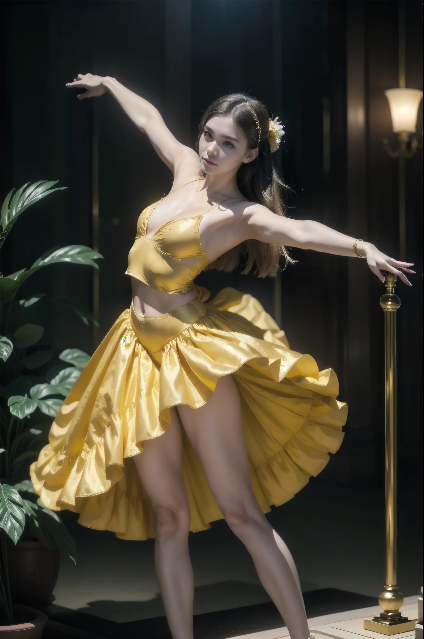 there is a woman in a yellow dress posing on a bridge, elegant floating pose, ballet style pose, elegant cinematic pose, elegant glamourous cosplay, classic dancer striking a pose, girl graceful, dressed as a ballerina, belle delphine, trending on cgstation, captured on canon eos r 6, royal elegant pose, ornate cosplay, dancing gracefully, anime girl cosplay, darkness room background, , (full body:1.8), (upper body up:0.3), (hyper realistic:1.4), (realistic:1.3), (best quality real texture skin), Detailed eyes, detailed face, PERSEPHONE, (SFW:1.5) Hyperrealistic