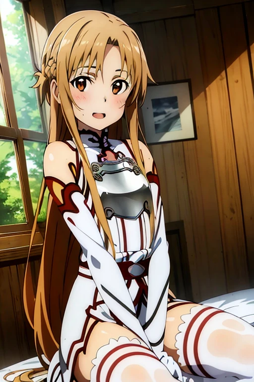 ((Best Quality)), ((masterpiece)), (be familiar with), Perfect Face, indoor, bedroom, Watching the audience,
One woman, Yuuki Asuna,
Open Mouth, Ecstatic expression, blush, smile,
Small breasts, Flat Chest, , , child, Girl,
Long Hair, Long Hair,
Leg spread,