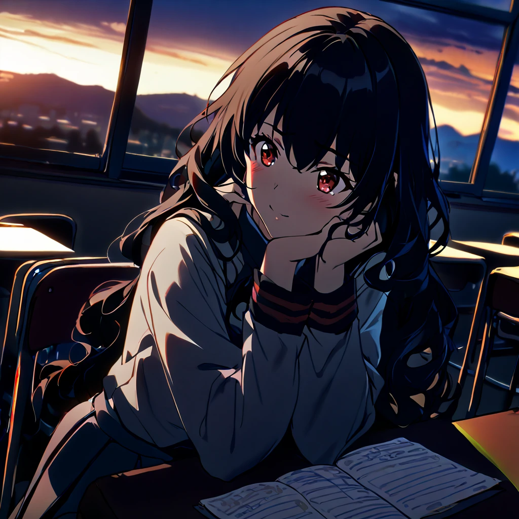 1 girl, red and black school uniform, by the wide, wavy hair, in a classroom, at dusk, high quality 