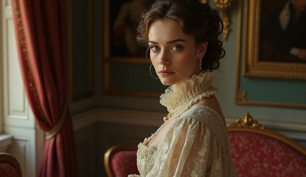 beautiful relaxed woman, sitting, chair, classical painting, portrait, detailed eyes, detailed lips, elegant atmosphere, graceful posture, soft lighting, oil painting style, rich colors, serene expression, luxurious setting, vintage furniture
