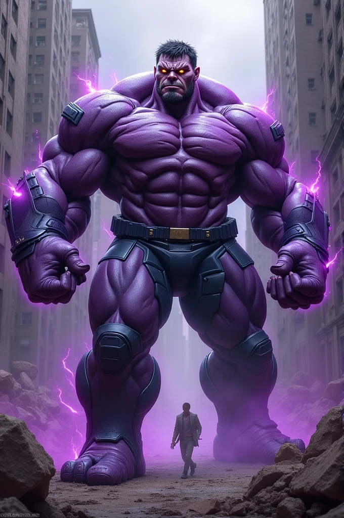 Humanoid muscular brute with purple skin and gray patches of skin holds a bazooka on a roof in New York, cinematic scene, realistic scene, rainy weather, downpour, dark atmosphere