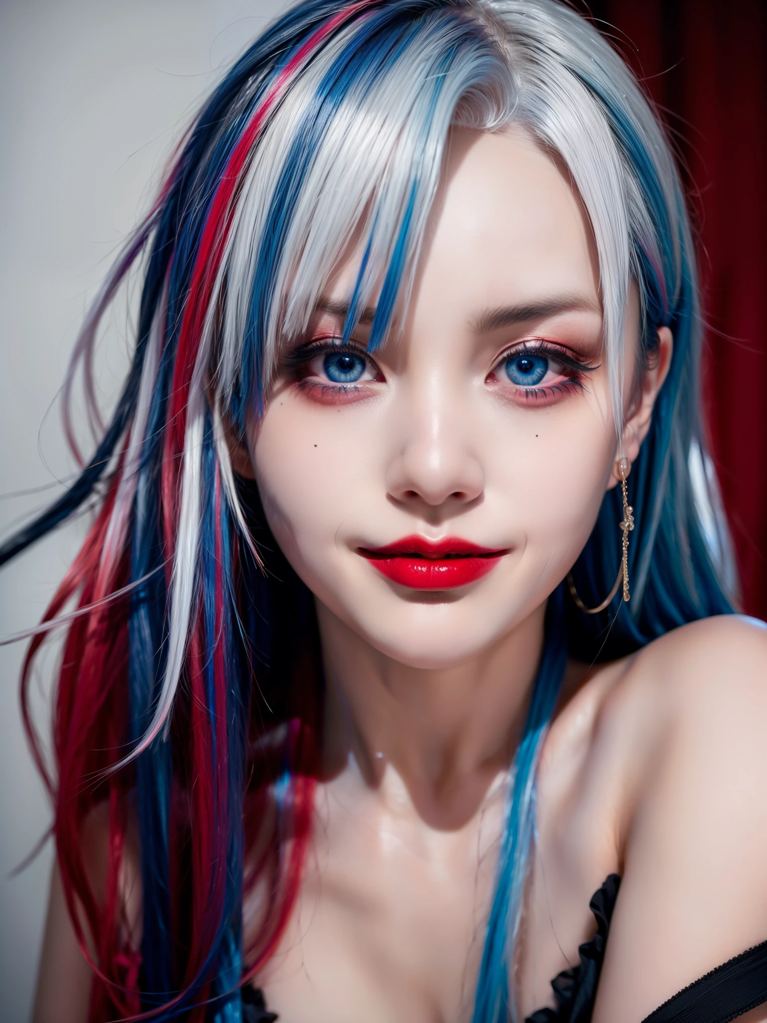 masterpiece, best quality, highly detailed,1girl,indoors, adult, split-color hair, red and blue hair, hair over eye, dynamic pose, clothes, smile, lipstick, bright blue eyes