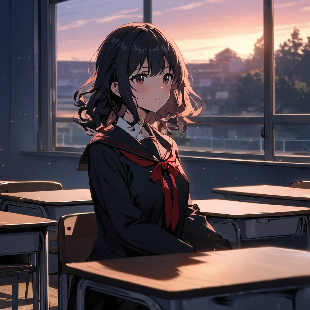 1 girl, red and black school uniform, by the wide, hair wavy, in a classroom, at dusk, hand on one&#39;s own arm, high quality 