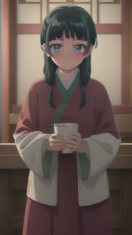 (masterpiece:1.2), best quality, high resolution, (cowboy shot:1.2), indoors, (maomao,1girl, blunt bangs, green hair, long hair, blue eyes), (japanese clothes, robe, green robe, long sleeves, wide sleeves, skirt, red skirt), solo, stunned, (blush:1.1), (hold cup:1.2)