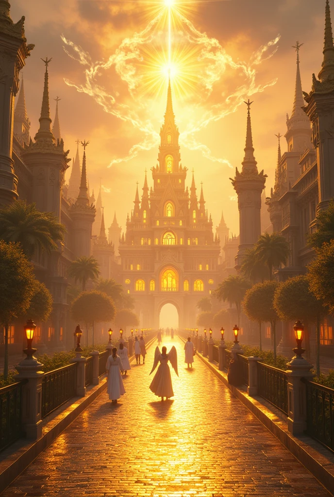 Golden Bridge to the City of Angels: "A grand, golden bridge leading into the city of angels, suspended over a shimmering river of light. The bridge is adorned with glowing runes and delicate, angelic statues. The city is visible in the distance, with its towering spires and radiant buildings, bathed in the soft light of the early evening, unattainable beauty, perfection, breathtaking elegance, g-curves, goddess-like figures, divine symmetry, artistic masterpieces, vivid realism, hyper-detailed life-like sculptures, truly impressive, impeccable craftsmanship, pure radiance, ethereal beauty, delicate contours, dramatic poses, sublime beauty, subtle nuances, dynamic compositions, vibrant colors, perfect lighting, soulful expressions, celestial aura, majestic presence, dreamlike atmosphere, unrivaled gdetailed high octane render trending on artstation, 8k art photography,