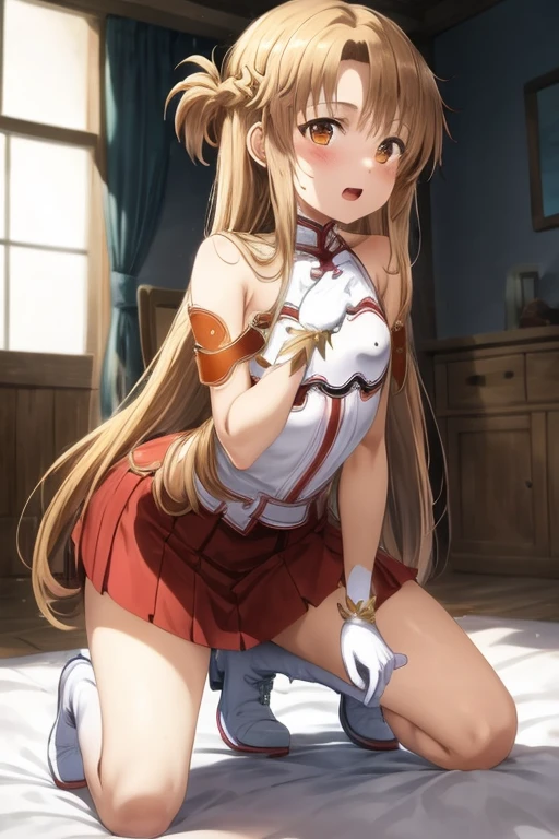 ((Best Quality)), ((masterpiece)), (be familiar with), Perfect Face, indoor, bedroom, Watching the audience,
One woman, Yuuki Asuna,
Open Mouth, Ecstatic expression, blush, smile,
Small breasts, Flat Chest, , , , Girl,
Long Hair, Long Hair,
Leg spread,