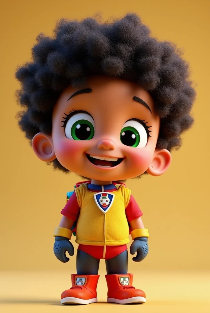 Raise a  child with light brown skin and curly hair, little child dressed as Ryder the human from paw patrol 