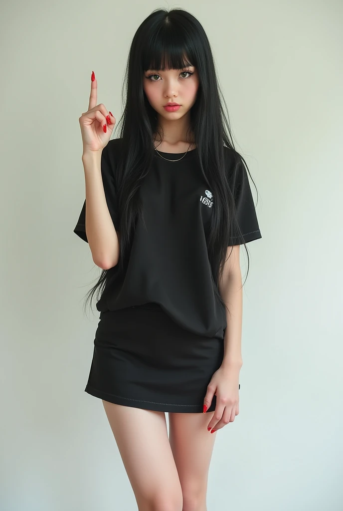 Very cute face、smile、歳girl、Fluffy long hair、Beautiful legs、Beautiful body、Thin legs、White skin、Black T-shirt、Black mini skirt、白いパンティ少し見えている、sea