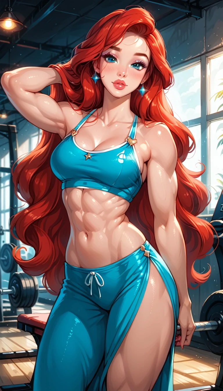 Dark Fantasy Art of score_9, score_8_up, score_7_up, rating_questionable, fantasy, lighting, epiCPhoto 1girl, very sexy (Disney's Ariel, ar_el, fair skin, red hair, long flowing hair:1.2), cute teal gym attire, (muscular:1.5), (athletic body:1.4), (muscular body:1.6), (bulky:1.3), solo, cute, flirt, gaze, sexy look, half-closed eyes, head tilt, filled lips, thick lips, makeup, modelling shoot, sexy pose, in the gym, dark, moody, dark fantasy style, cowboy shot.