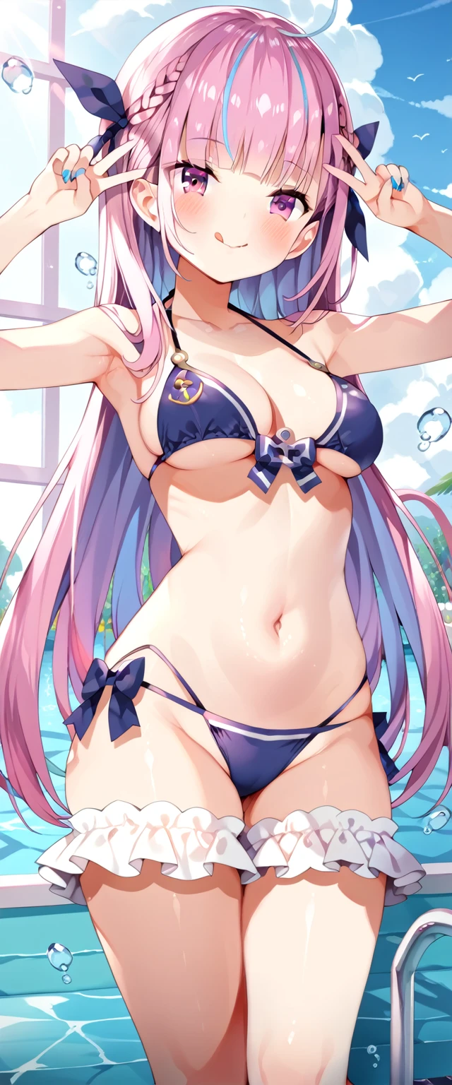 akua minato, minato akua, hololive, dating, 1girl, futanari, tiny girl, young girl, mesugaki, mesugaki smile, Boyish, frilled skirt, bikini, big breasts, big ass, thick thighs, Teasing, naughty looks, heart eyes, Lower arm, A girl puts her hand on her crotch, bitch, tidy, Focus on the girl, glossy skin, oily skin, Gravure, pinup, junior idols, Masterpiece:2, Top Quality, high Quality, Very Detailed, ultra  High Resolution, super High Resolution, Beautiful Detail, Dynamic angles, perfect lighting, 8k, Animation Style, girl close up, cartoon style, game cg, sfw, nigtpool, double peace, Troubled eyebrows, tongue out,