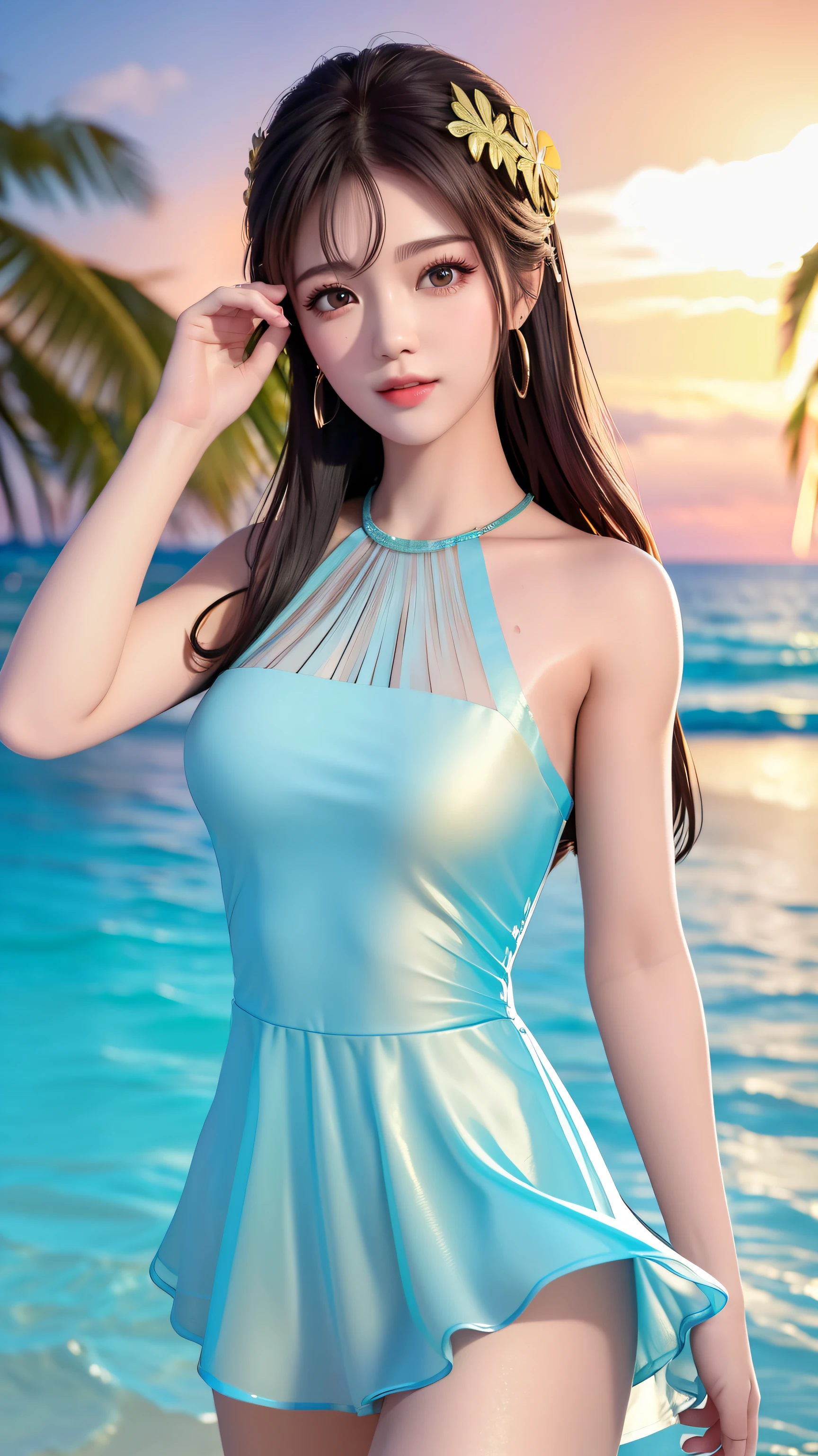 Master work，high quailty，Real photos，Elegant woman，Stand on a rock on the beach，The face is delicate，Clavicle chain，Wearing a long floral dress，Cotton lining，attractive poses，Sideways，backview，Sexy buttocks，backgroundblur，depthoffield，Central symmetry，56mm,F2