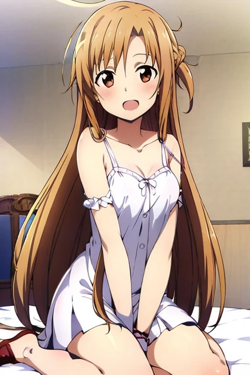 ((Best Quality)), ((masterpiece)), (be familiar with), Perfect Face, indoor, bedroom, Watching the audience,
One woman, Yuuki Asuna,
Open Mouth, Ecstatic expression, blush, smile,
Small breasts, Flat Chest, , , child, Girl,
Long Hair, Long Hair,
Leg spread,