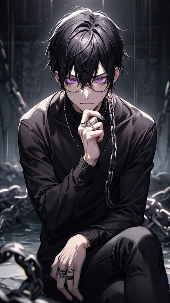 1 guy, black jeans, black sweater, rings on fingers, black nails, Glasses, black hair, a little sporty, Hand in pocket, Dead Eyes, depression, portrait, cinematic lighting, Blur background with chains, Best quality, black gloves, hung his head, rain, Dark tones, Wet, Brown eyes, In chains,in blood, the guy has no eyes, Tears, demon statues in the background, sitting in black water, it is frightful,