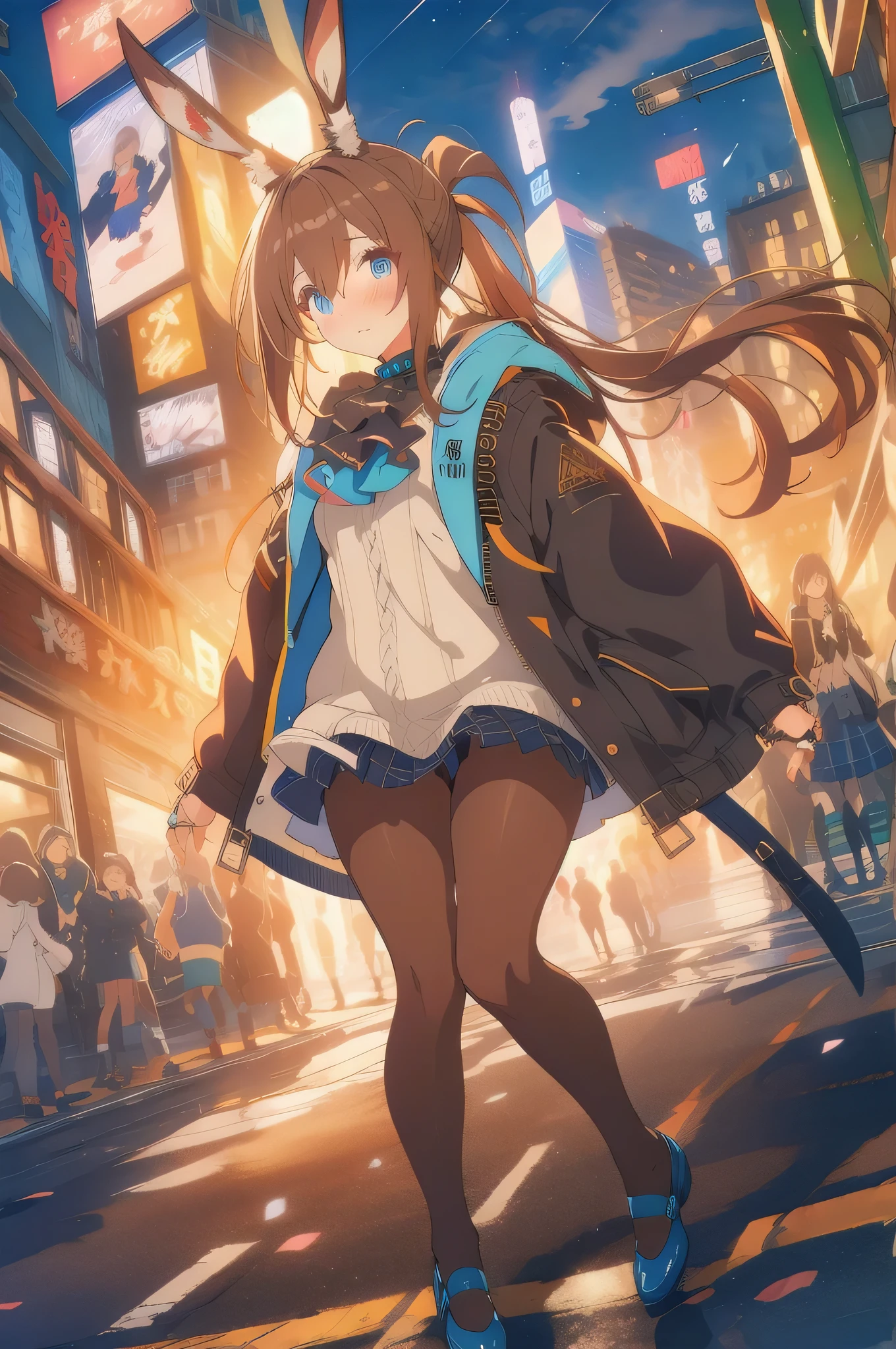 16K,Top-quality,Masterpiece,Very aesthetic,Absurdres,High resolution,
Cinematic,Dynamic angle,Dynamic pose,Full body,Standing,
Amiya \(Arknights\),Arknights,
Animal ears,Rabbit ears,
Brown hair,Long hair,Ponytail,Long sideburns,Bangs,
Blue eyes,Hair between eyes,
Plump,Thick thighs,Plump ass,
Black jacket,Multicolored clothes,Two-tone jacket,Open buttoned jacket,Blue collar,Blue ascot,Pocket,Hooded jacket,Long sleeves,Puff sleeves,White shirt,Striped shirt,Vertical stripes,Plaid skirt,Pleated miniskirt,Dark blue skirt,Brown pantyhose,Brown tights,Thighlet,Dark blue shoes,Blue footwear,Multiple rings,Thumb ring,Anklet,Jewelry,
Blush,Looking at viewer, 
Outdoor,Night city