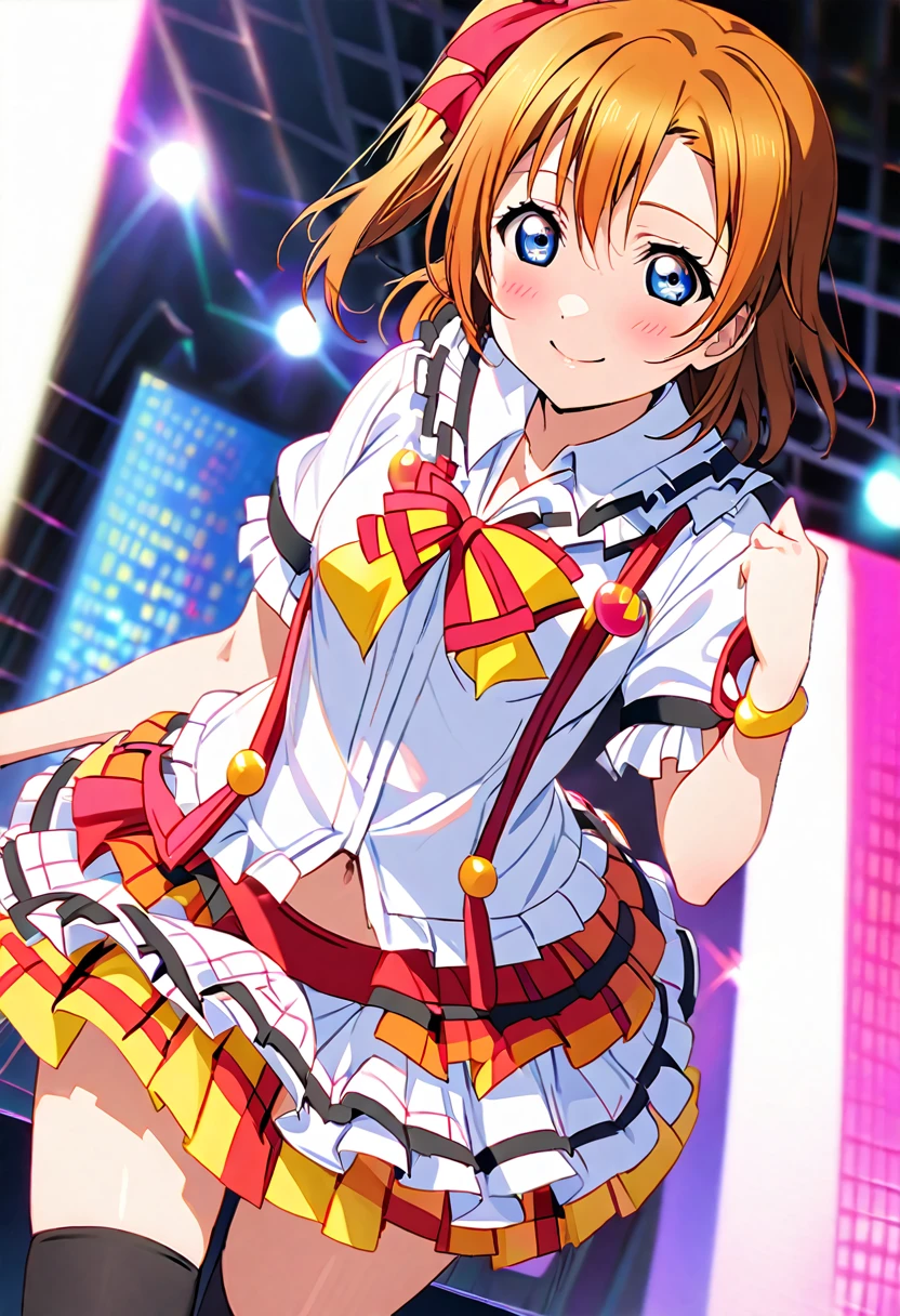 (((Pixel Perfect, Perfect detail))), (((Underskirt angle view, I can see the brief,))), Alone, Solo Girl, Honoka Kosaka, 1, (costume by honoka's bokura wa ima no naka de, : 1.5), Viewer Perspective, smile, blush, m's, Love Live!! ,stage, sing, (White brief:1.3), (Cotton brief: 1.3), (詳細でPerfect detailのbrief:1.2), (frill brief: 1.3), (Flip-up skirt:1.3), (blue eyes, Detailed Shadows, Detailed face, Orange Hair, One-sided ponytail, Short Hair), ((Thigh-high black socks with pink ruffles on top:1.3)), (Black boots),(from below),