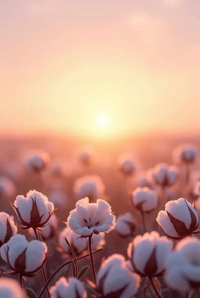 A peaceful cotton field at sunset, with soft cotton bolls scattered across the landscape. The warm light of the setting sun casts delicate tones of nude and rosy pink over the scene, gently illuminating the cotton plants. The sky and horizon blend seamlessly with the soft hues, creating a calming and serene atmosphere. The overall composition exudes tranquility and harmony, perfectly complementing the other images in the decorative art collection.