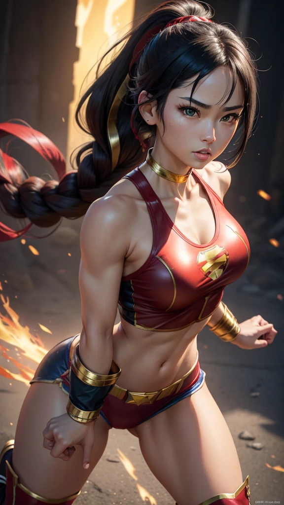 Realistic, best quality, 8k, ultra detailed, superheroine, Japanese girl, beautiful superheroine, braided ponytail, athletic body, black hair, big breasts, short red sleeveless top, with a gold star on her chest, gold bracelets, long red boots and small red shorts, green eyes, seductive look, in battle