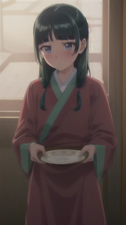 (masterpiece:1.2), best quality, high resolution, (cowboy shot:1.2), indoors, (maomao,1girl, blunt bangs, green hair, long hair, blue eyes), (japanese clothes, robe, green robe, long sleeves, wide sleeves, skirt, red skirt), solo, stunned, (blush:1.1), (plate on chocolate:1.2)