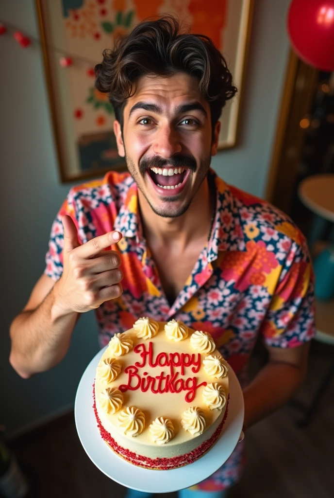 Shirtless muscular man, eating a big decorated Party Cake ,in favela