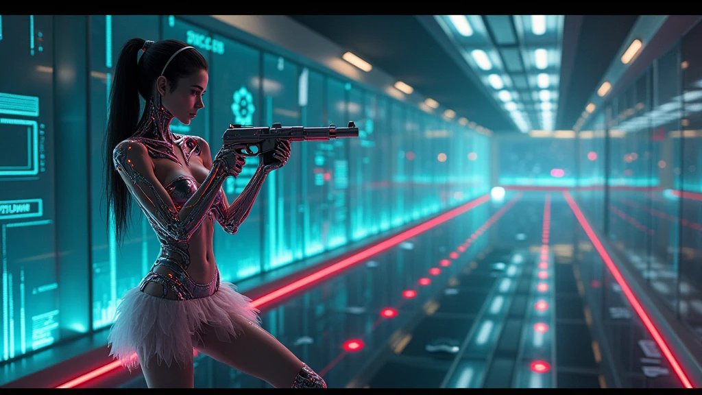 Cyberpunk female plagiarist immersed in digital theft, neon-lit alias within a vast online labyrinth, grotesque grunge brushing into surrealism, illuminated by kaleidoscopic volumetric light, a detailed masterpiece reminiscent of Moebius' distinctive style, deep focus, heightened depth field, psychedelic undertones amplified in a cinematic shot, aerial view of cyberpunk city at night, fog, (((((1girl, solo, alone))))), photo realistic, (((((large-breast:1.4 slim body, cleavage:1.4))))), (((off broken mini sling-shirt and black sling bra, (((extreamly short white pleated miniskirt, micro panty)))))), (((((running pose))))), (((((((matrix style black micro sunglasses))))))), ((((((((((aiming with a short gun)))))))))), (((((looking at camera))))), (((very low view))), (((((half-body thigh level medium shot))))), (((cinematic lighting))).