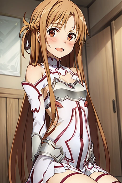 ((Best Quality)), ((masterpiece)), (be familiar with), Perfect Face, indoor, bedroom, Watching the audience,
One woman, Yuuki Asuna,
Open Mouth, Ecstatic expression, blush, smile,
Small breasts, Flat Chest, , , , Girl,
Long Hair, Long Hair,
Leg spread,