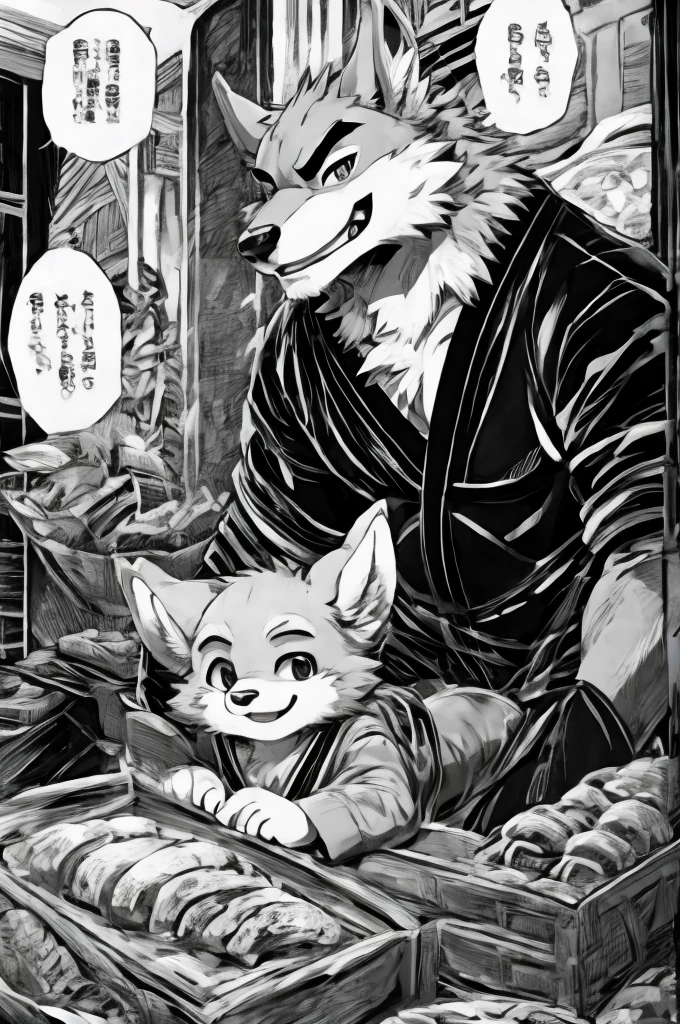 Black and white comics、Japanese Manga、Monochrome、 Conversation scene、Comical werewolf in a long-sleeved black shirt、Right in front of you、A delicious looking cartoon of meat appears、Happy Face、smile、cute、