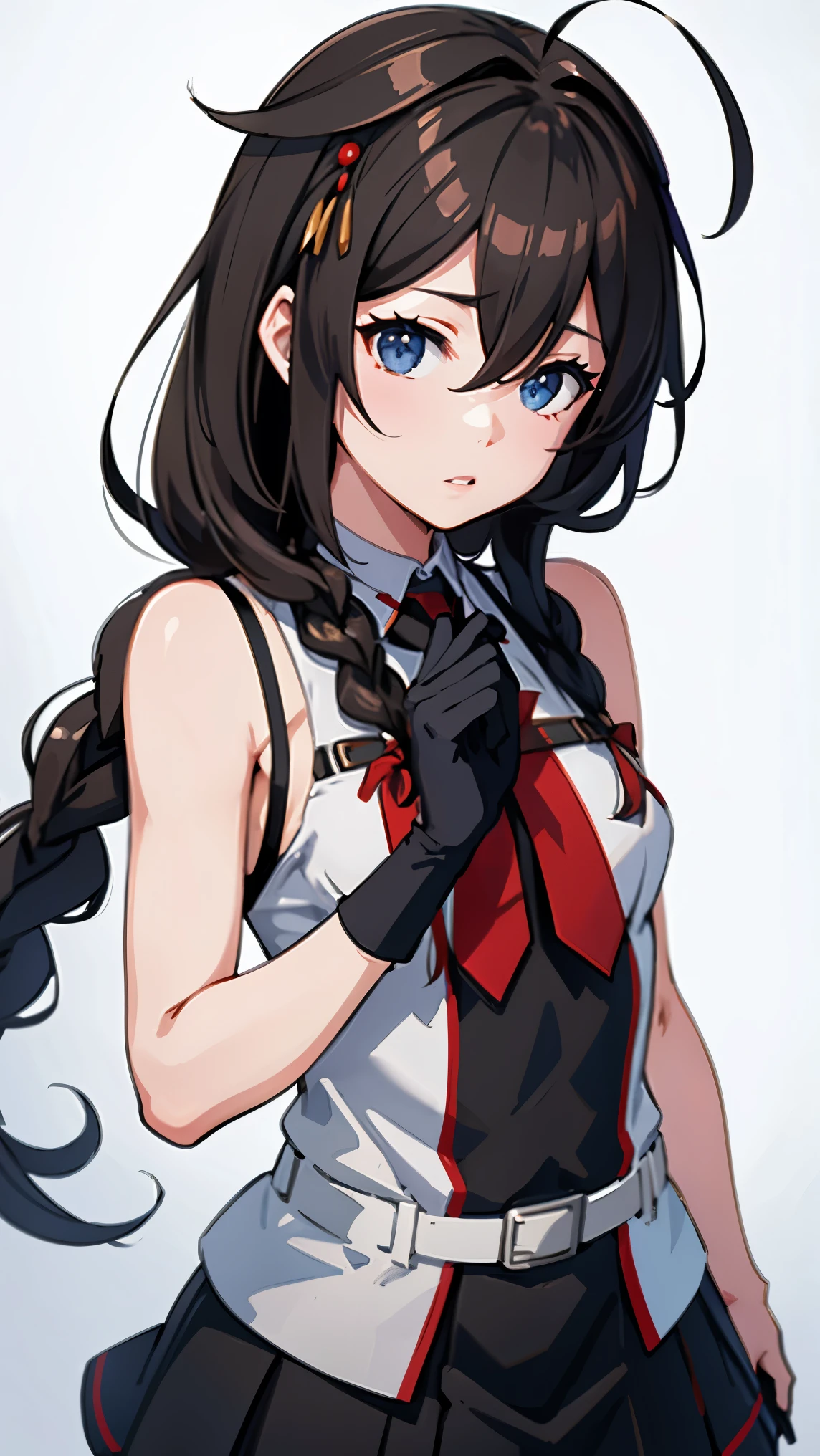 Shigure Kai 3 KanColle Sleeveless Black fingerless gloves Black skirt Braids 8K high resolution Highly detailed eyes Highly detailed face、Very detailed body、Highly detailed skin, Simple Background