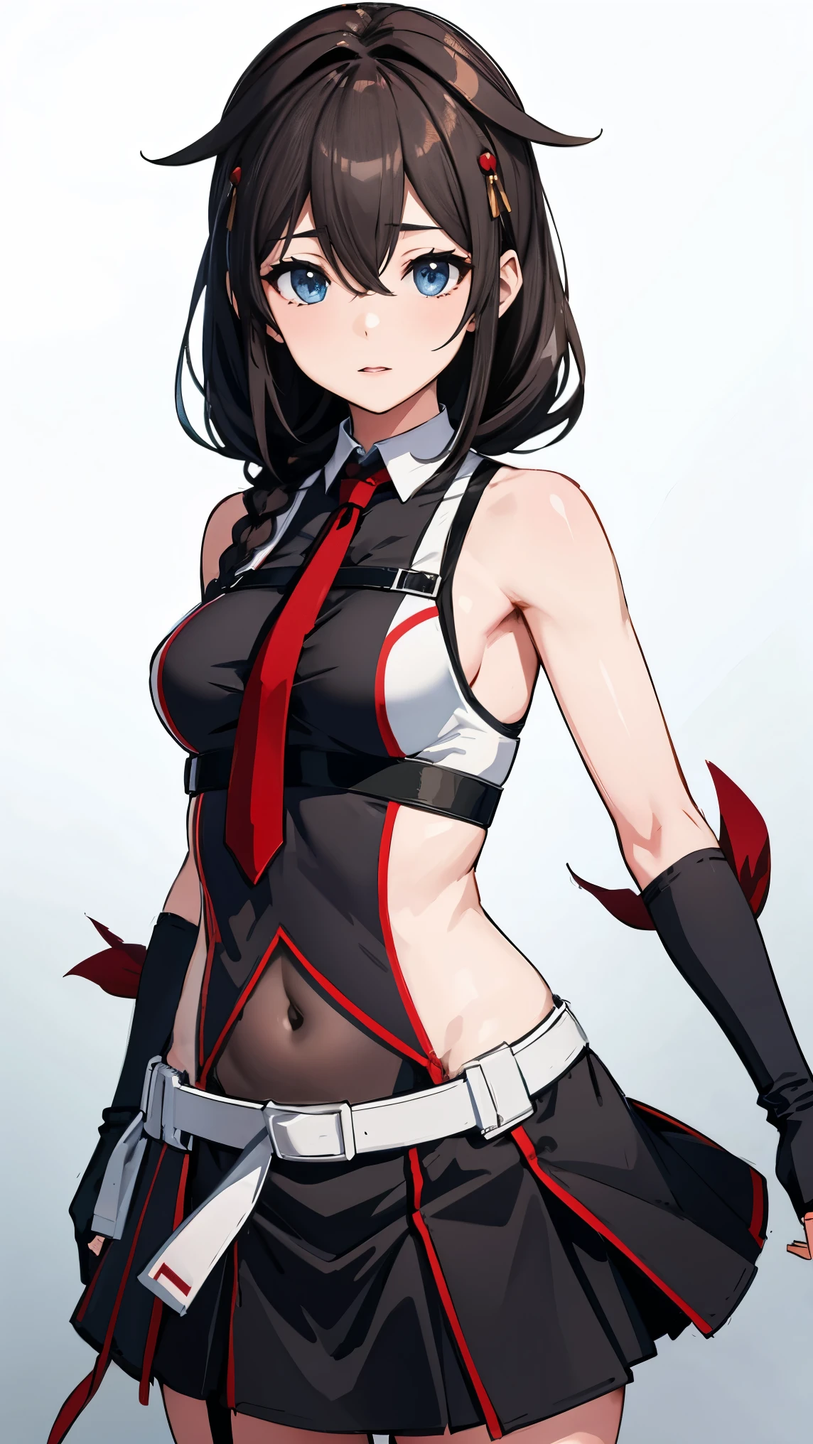 Shigure Kai 3 KanColle Sleeveless Black fingerless gloves Black skirt Braids 8K high resolution Highly detailed eyes Highly detailed face、Very detailed body、Highly detailed skin,